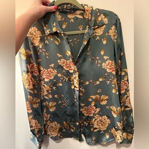 ZARA BASIC Floral Sheer Button Down Top